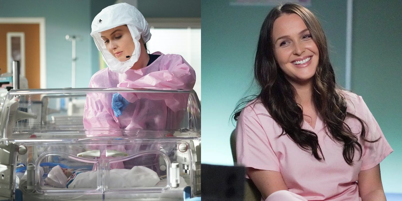 Jo looking at baby Luna and Jo smiling at the hospital on Grey&rsquo;s Anatomy