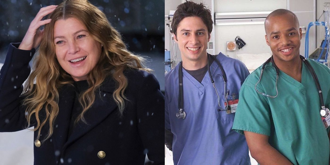 Meredith wearing a coat and standing outside on Grey's Anatomy and JD and Turk on Scrubs