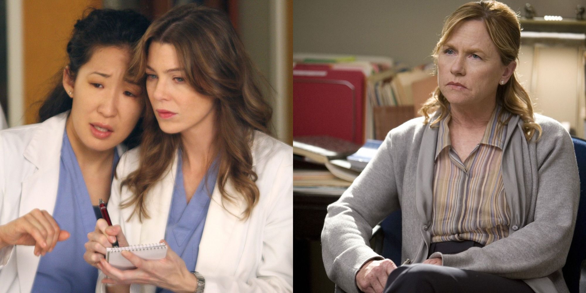 Split image showing Meredith and Cristina seeing a phone, and Katharine Wyatt sitting down