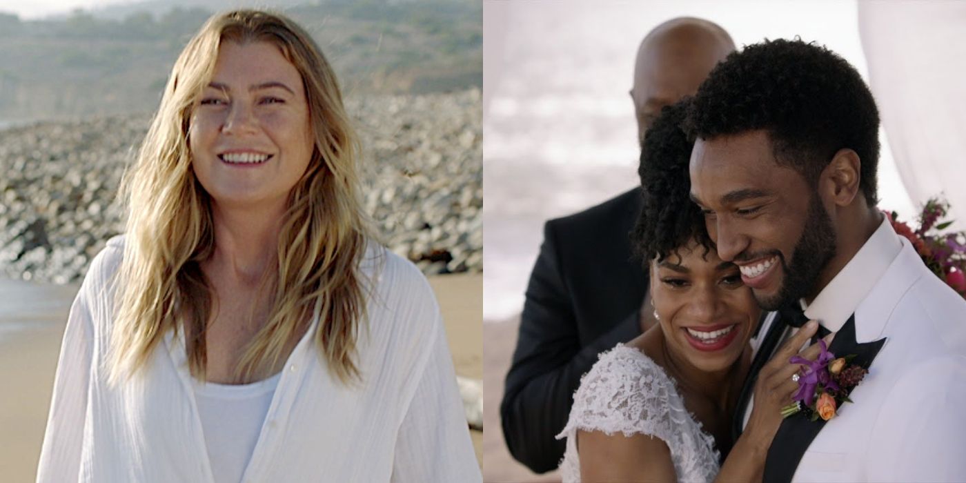 Meredith smiling on the beach and Maggie and Winston hugging after getting married, Grey&rsquo;s Anatomy Featured Image