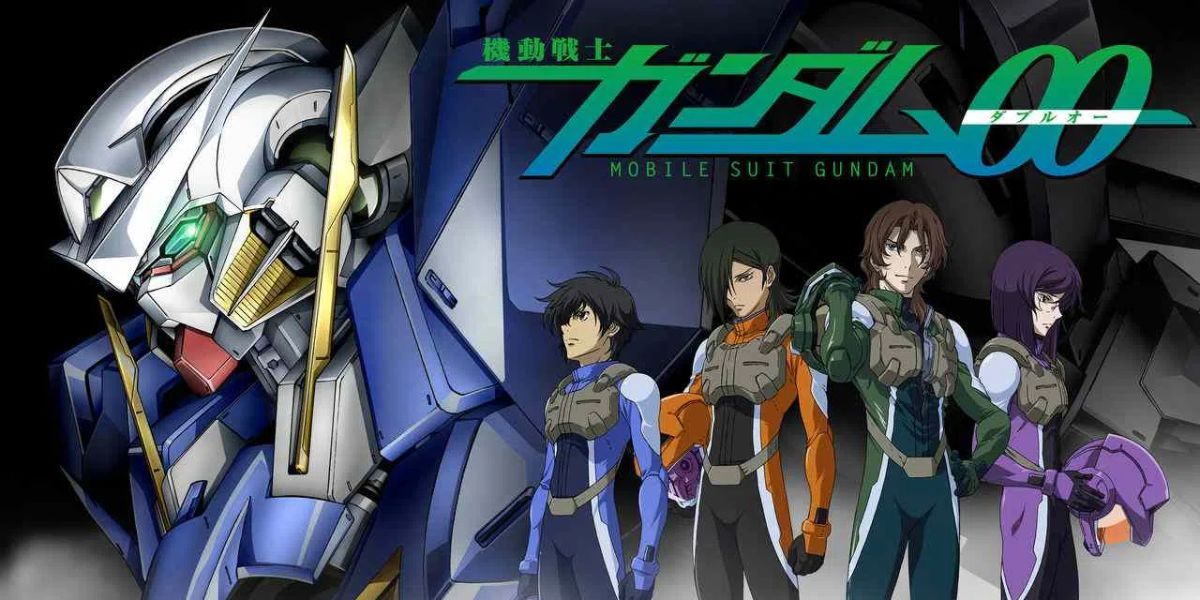 Gundam 00 key art showing the cast and Exia.