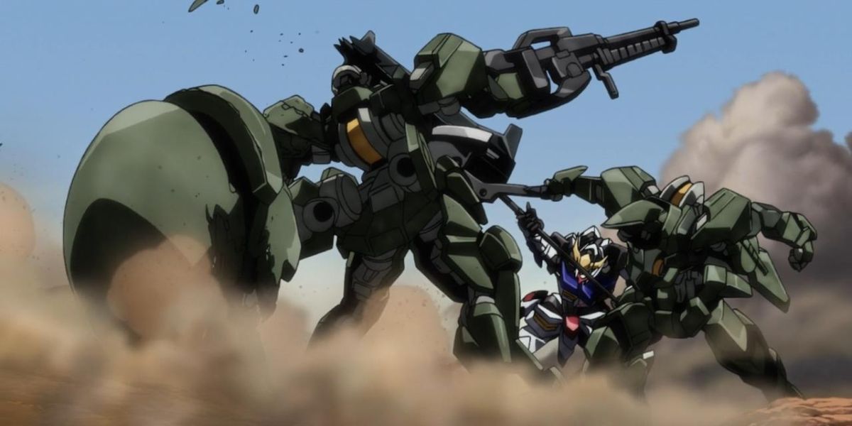 A battle scene in the early episodes of Iron Blooded Orphans.