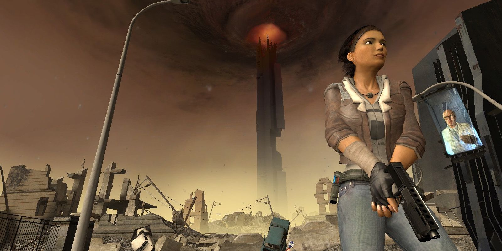 Alyx in front of Citadel in Half Life 2