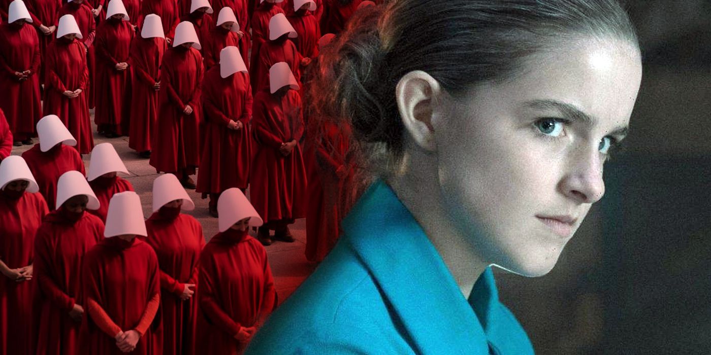 Split image of Esther Keyes and a group of handmaids in The Handmaid's Tale