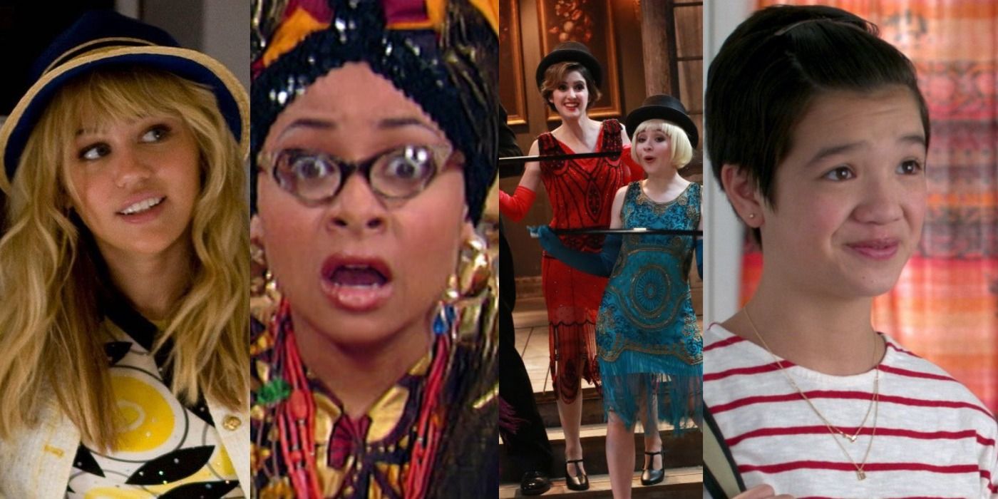 Split Images Miley as Hannah on a plane during Hannah Montana The Movie, That's So Raven Raven in disguise, Girl Meets World Maya and Ally from Austin and Ally, Andi Mack Andi Mack