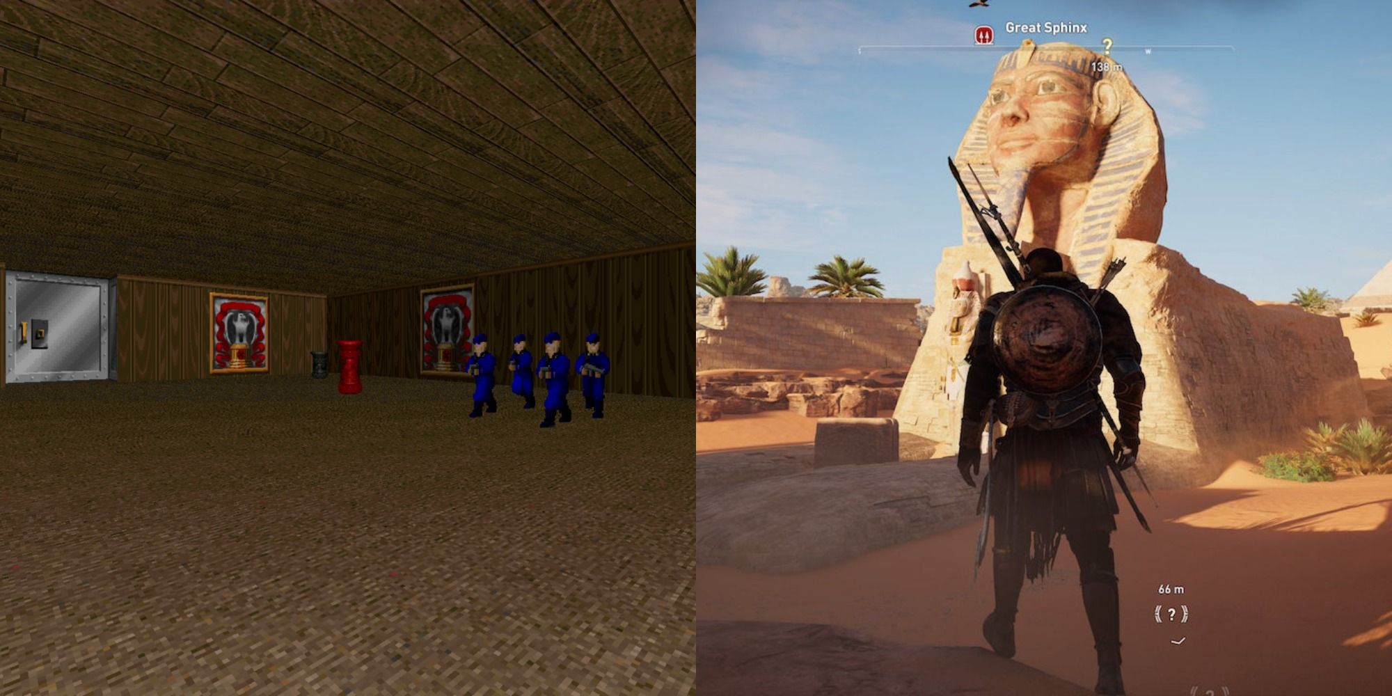 Split image showing the Wolfenstein-inspired secret room in Doom II, and the player character in front of the Sphinx in AC: Origins