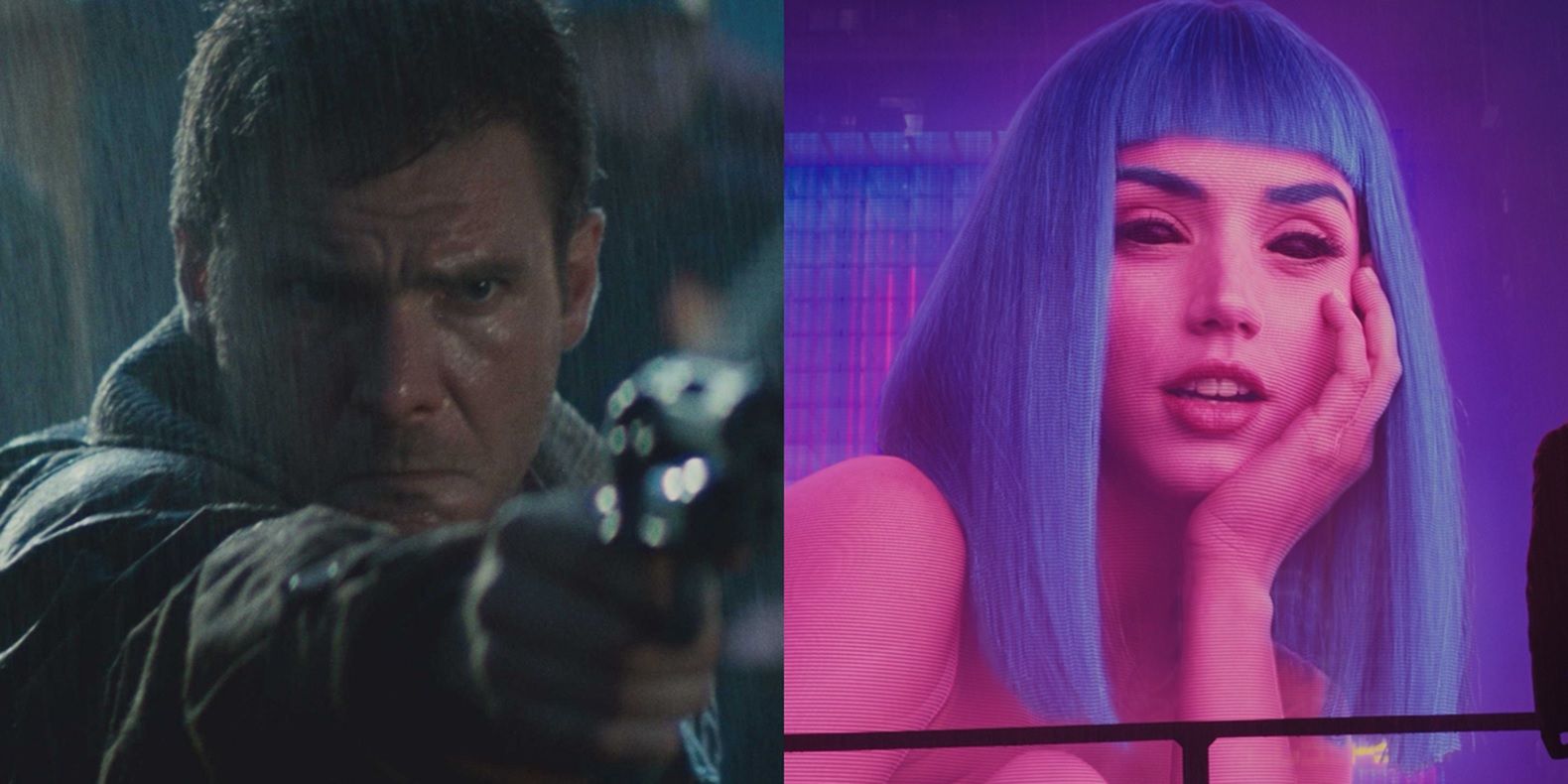 Harrison Ford in Blade Runner and Ana de Armas in Blade Runner 2049