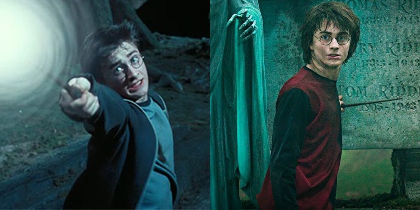 Split image of Harry Potter casting expelliarmus and Harry Potter in the graveyard