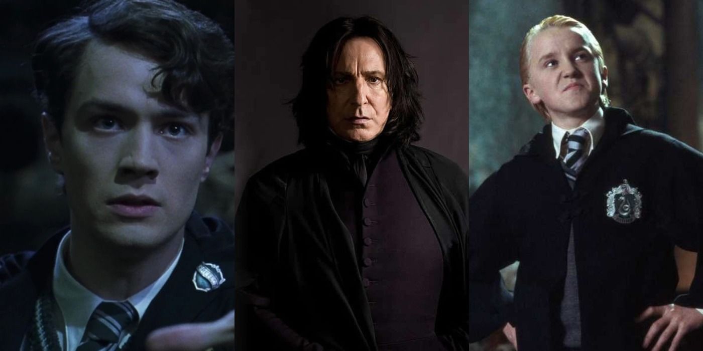 Split image from Harry Potter: Tom Riddle holds his hand out, Snape strikes a pose & Malfoy looks pompous