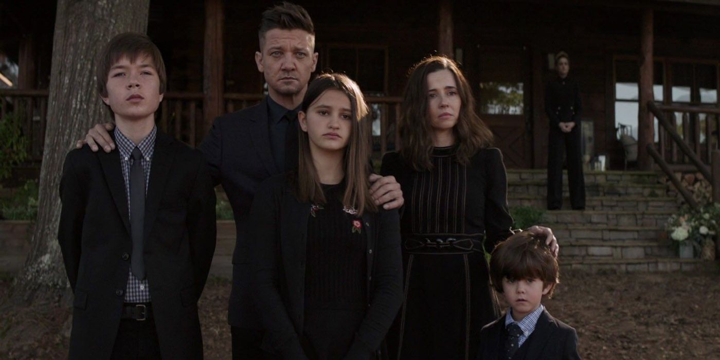 Hawkeye and his family at Iron Man's funeral.