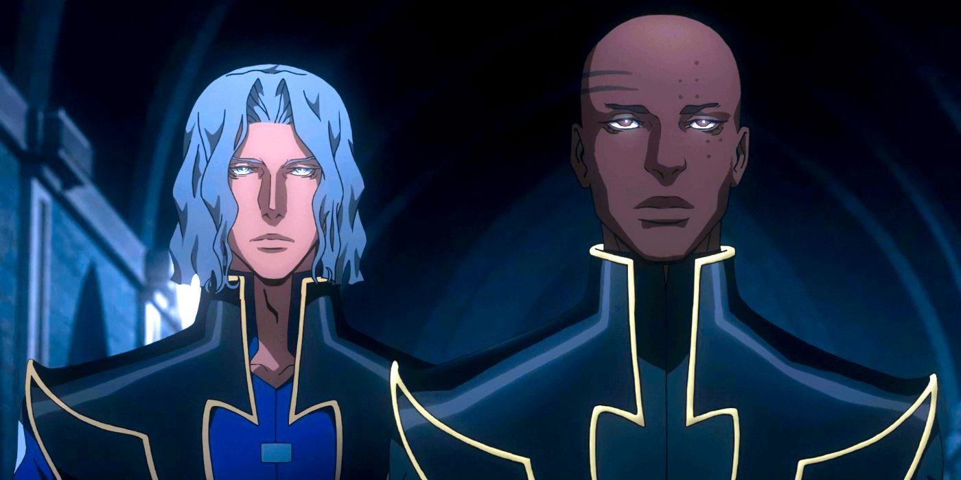 Hector and Isaac standing side by side and looking solemn in Castlevania