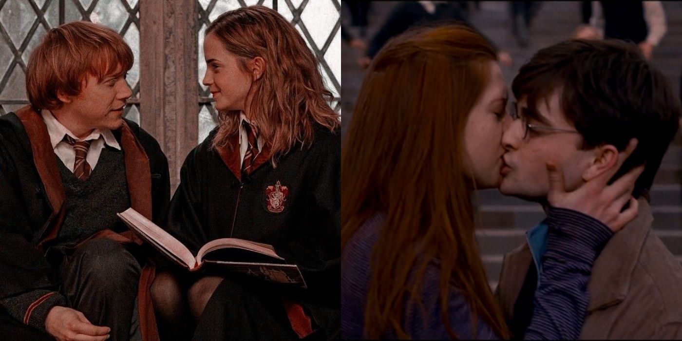 Hermione Granger and Ron Weasley in Hogwarts and Harry Potter and Ginny Weasley kissing outside