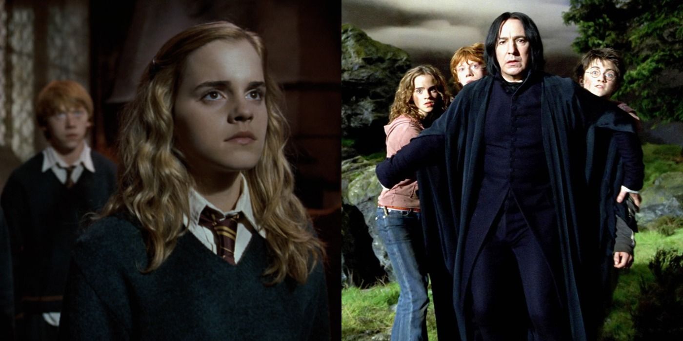 Split image: Hermione looks out of the window/ Snape protects the Golden Trio