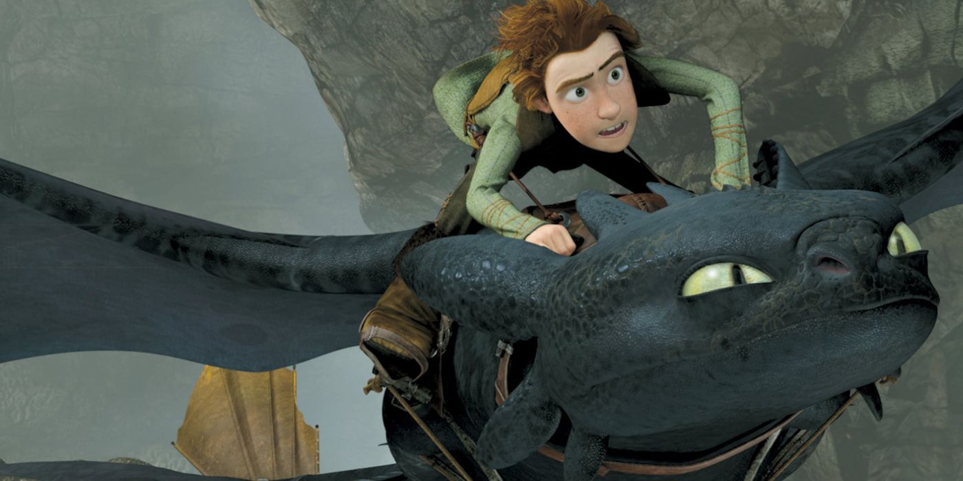 Hiccup riding on Toothless in How To Train Your Dragon.