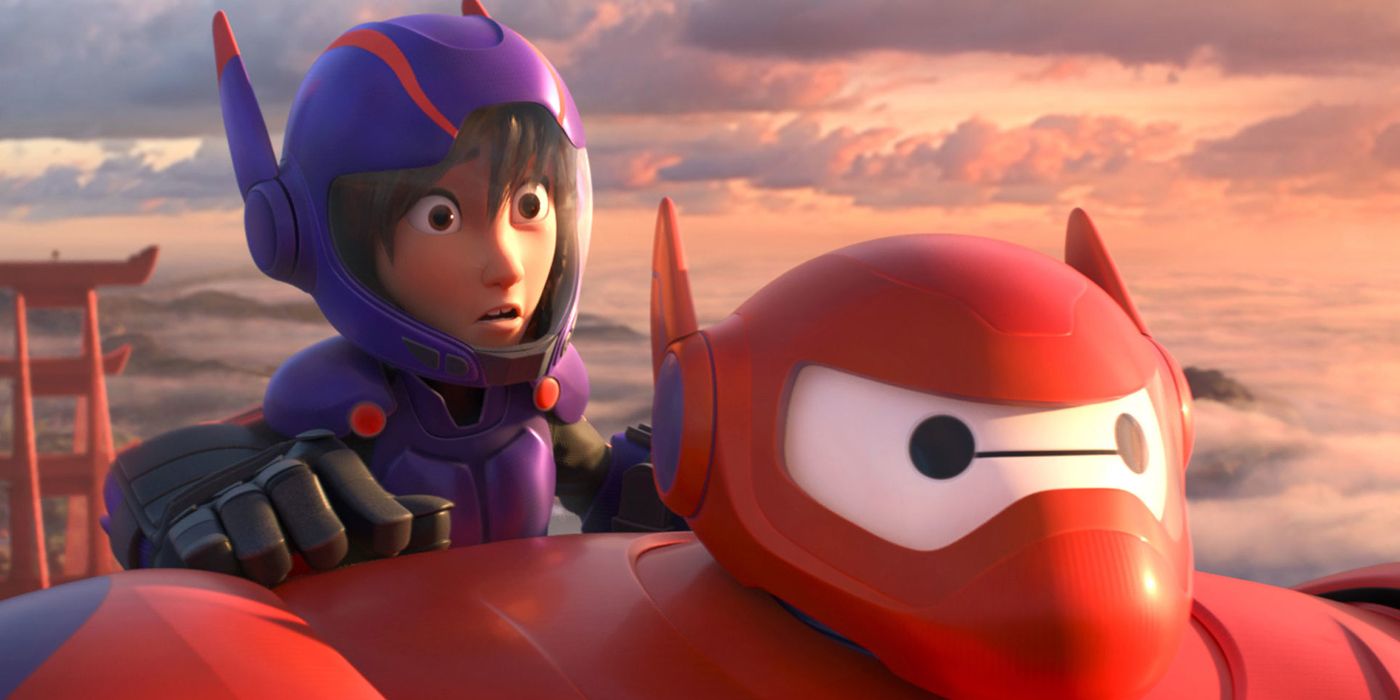 Hiro flying with Baymax over the city in Big Hero 6.