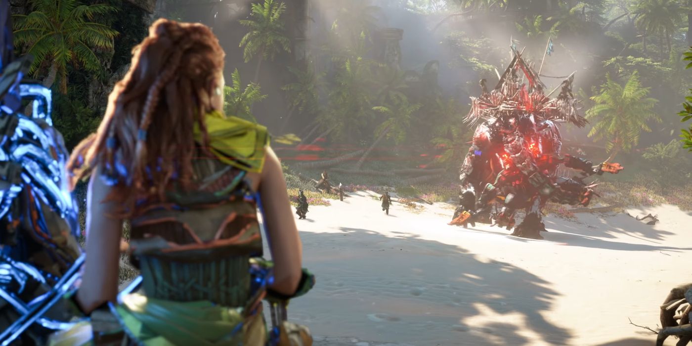 A shot from behind Horizon Forbidden West's Aloy as she sits mounted on a machine, looking toward an approaching Tremortusk and human enemies.