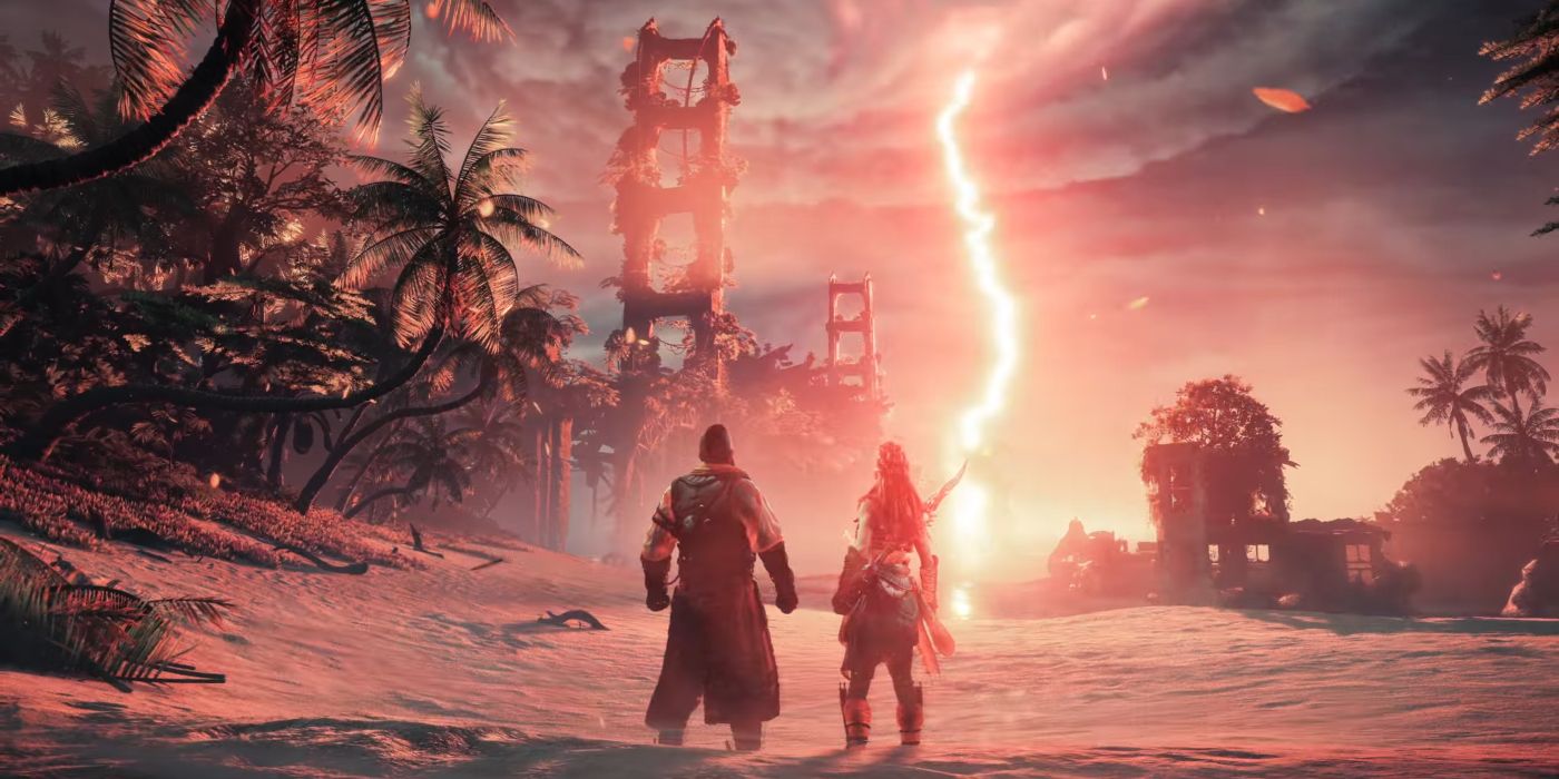An image of Erend and Aloy watching red lightning strike the Golden Gate bridge in Horizon Forbidden West.