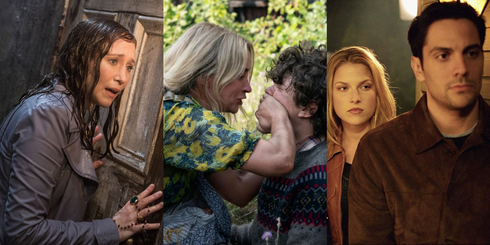 Split image of Lorraine drenched in The Conjuring 2, Evelyn covering her son's mouth in A Quiet Place 2, and Ali Larter ad Thomas Burke of Final Destination 2