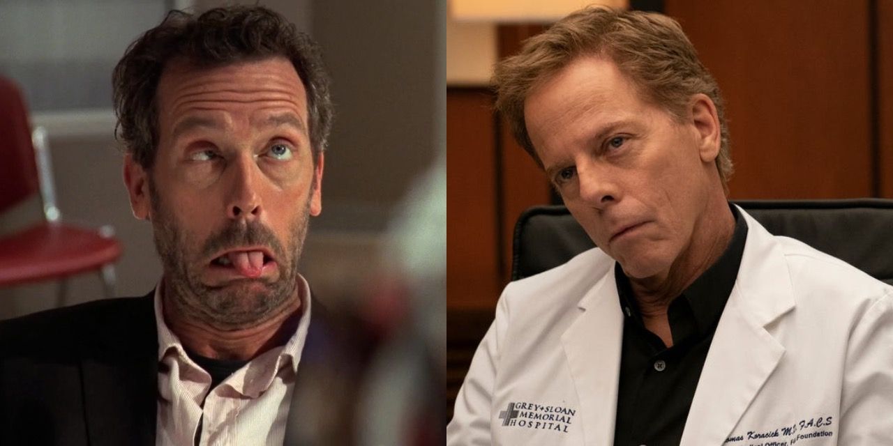 Split image of Dr. House with his thongue out and Tom looking sarcastic