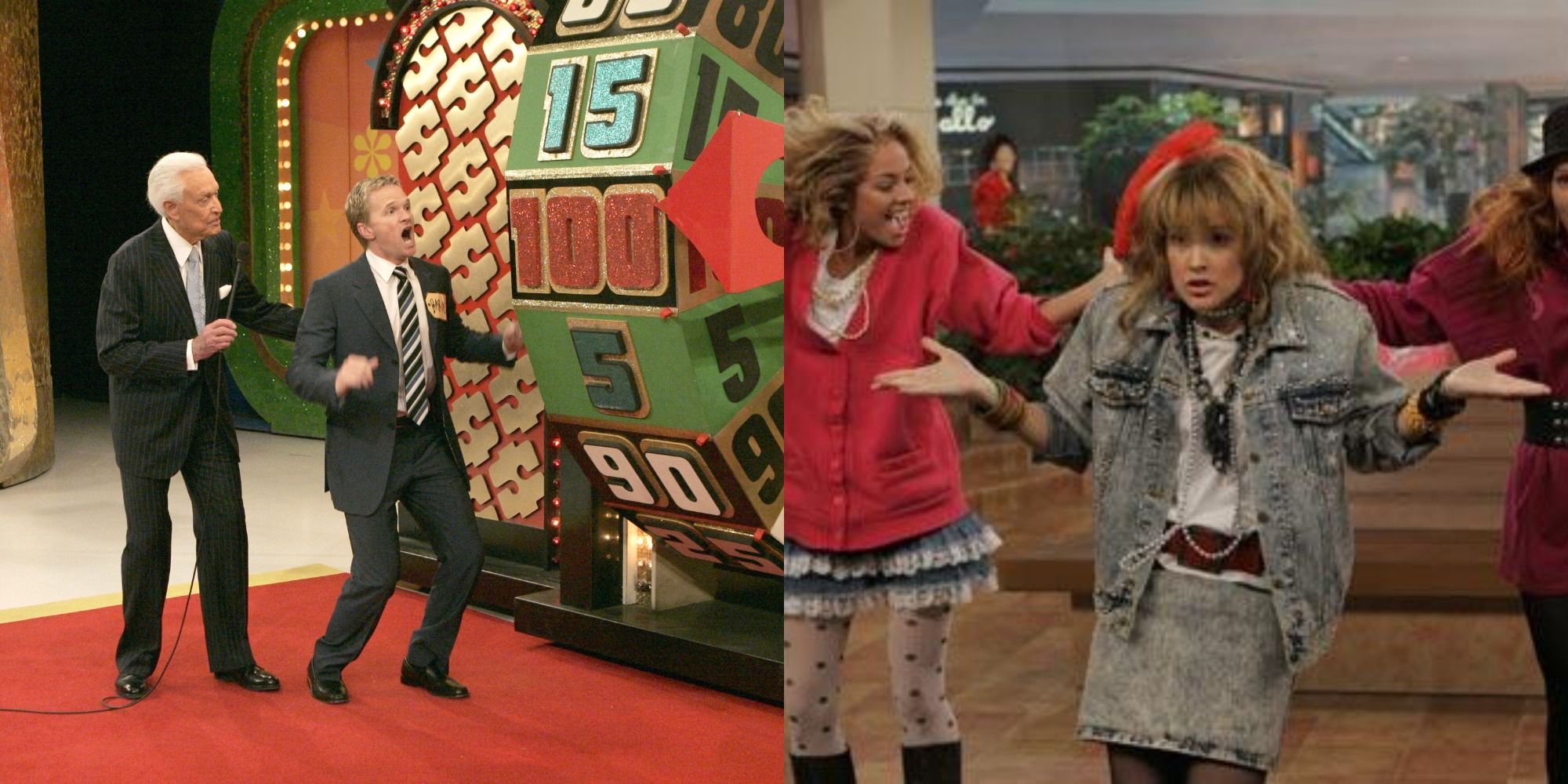 Split image showing Barney competing in The Price is Right, and Robin singing Let's Go to the Mall