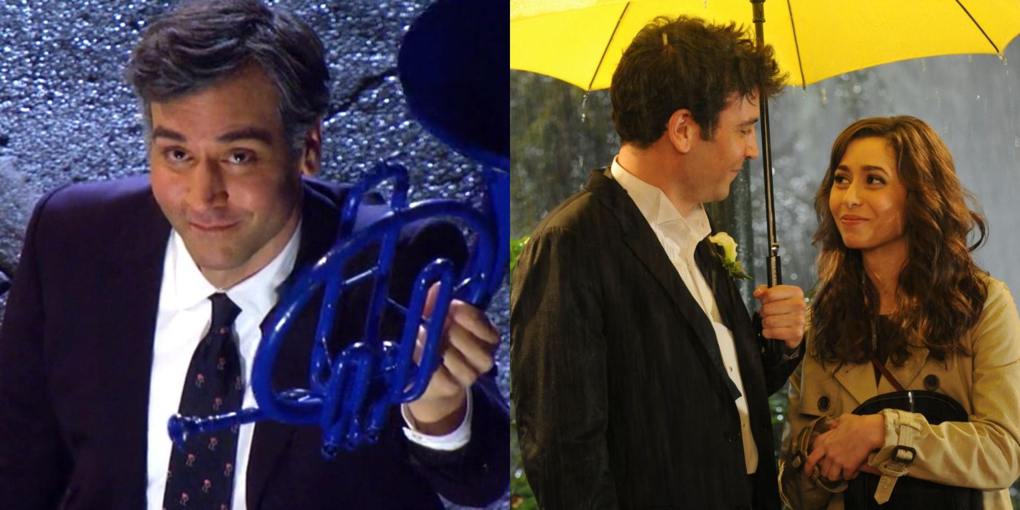 Split image of Ted Mosby holding up the blue french horn, and him standing under the yellow umbrella with Tracy