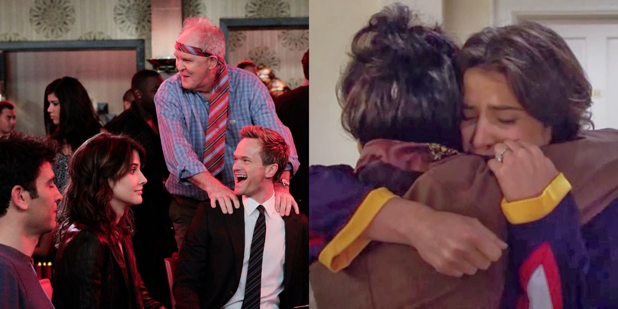 Split image of Barnet and Jerome drinking together, and Robin hugging her mother