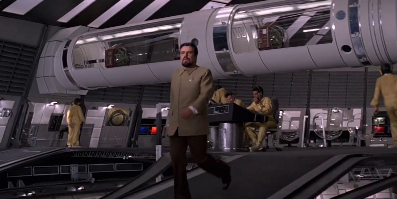 Villain Hugo Drax walks inside his space station in Moonraker