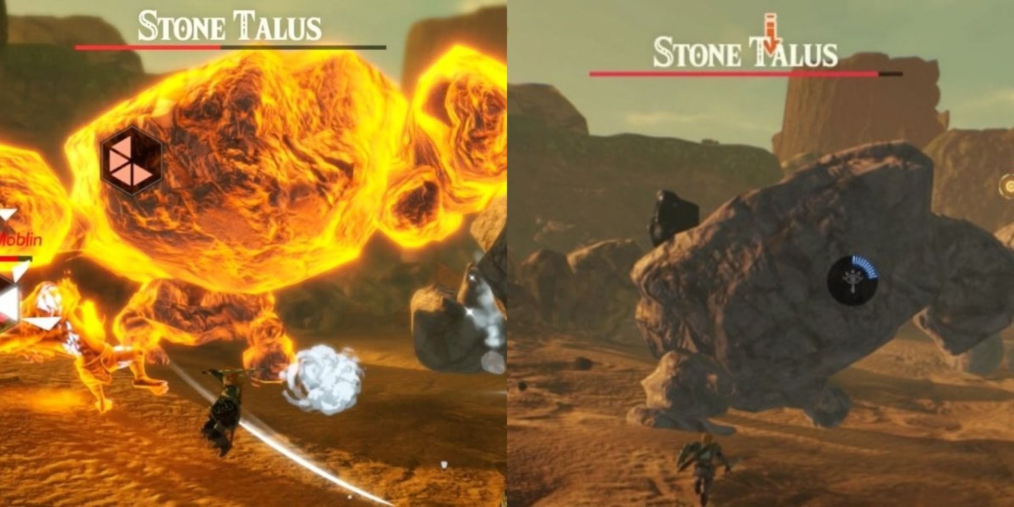 Split image depicting Link battling two Stone Taluses