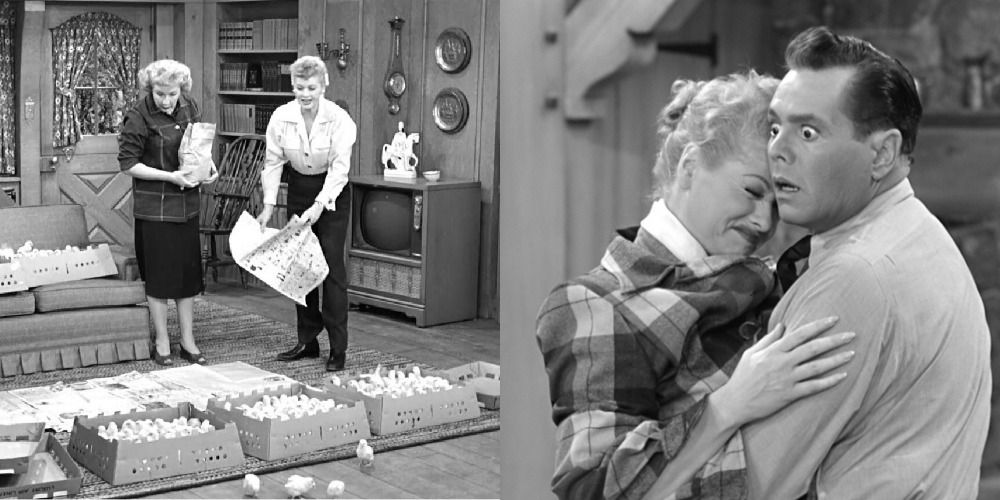 2 scenes with Lucille ball, breaking eggs on the left and dancing tango on the right.