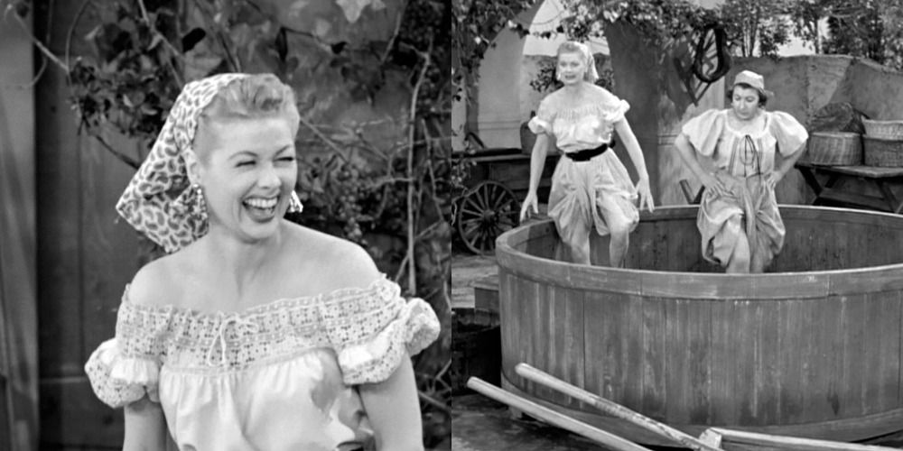 Lucille Ball on I Love Lucy stomping grapes and laughing