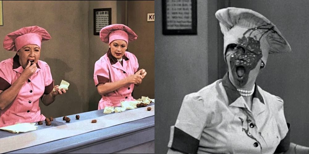 Two scenes with Ethel and Lucy wrapping candy in I Love Lucy