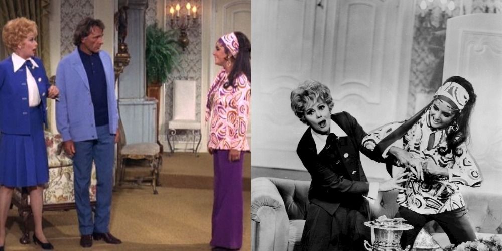 Two scenes showing Lucy meeting Elizabeth Taylor in I Love Lucy