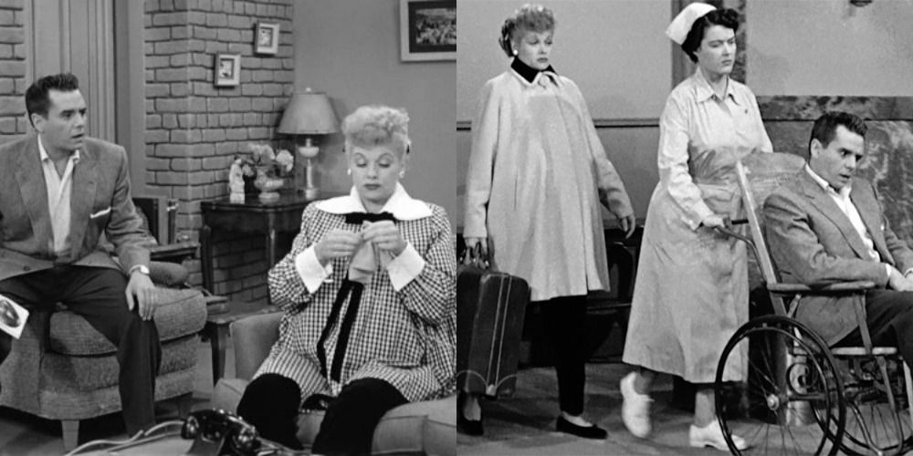 Two scenes depicting pregnant Lucy on I Love Lucy