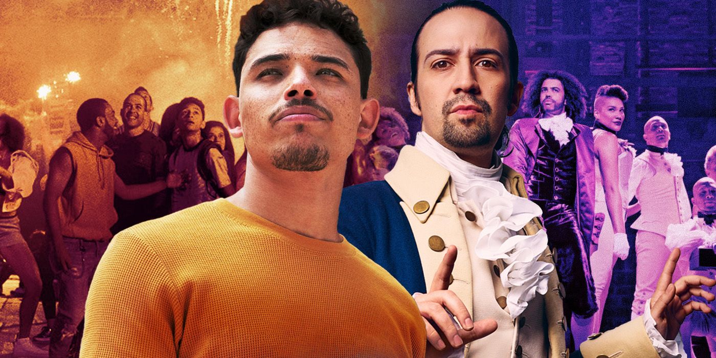 A blended image features the cast members of In The Heights movie and the Hamilton stage show