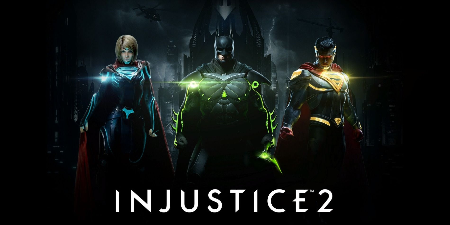 Promo image for Injustice 2 featuring Supergirl, Batman, and Superman