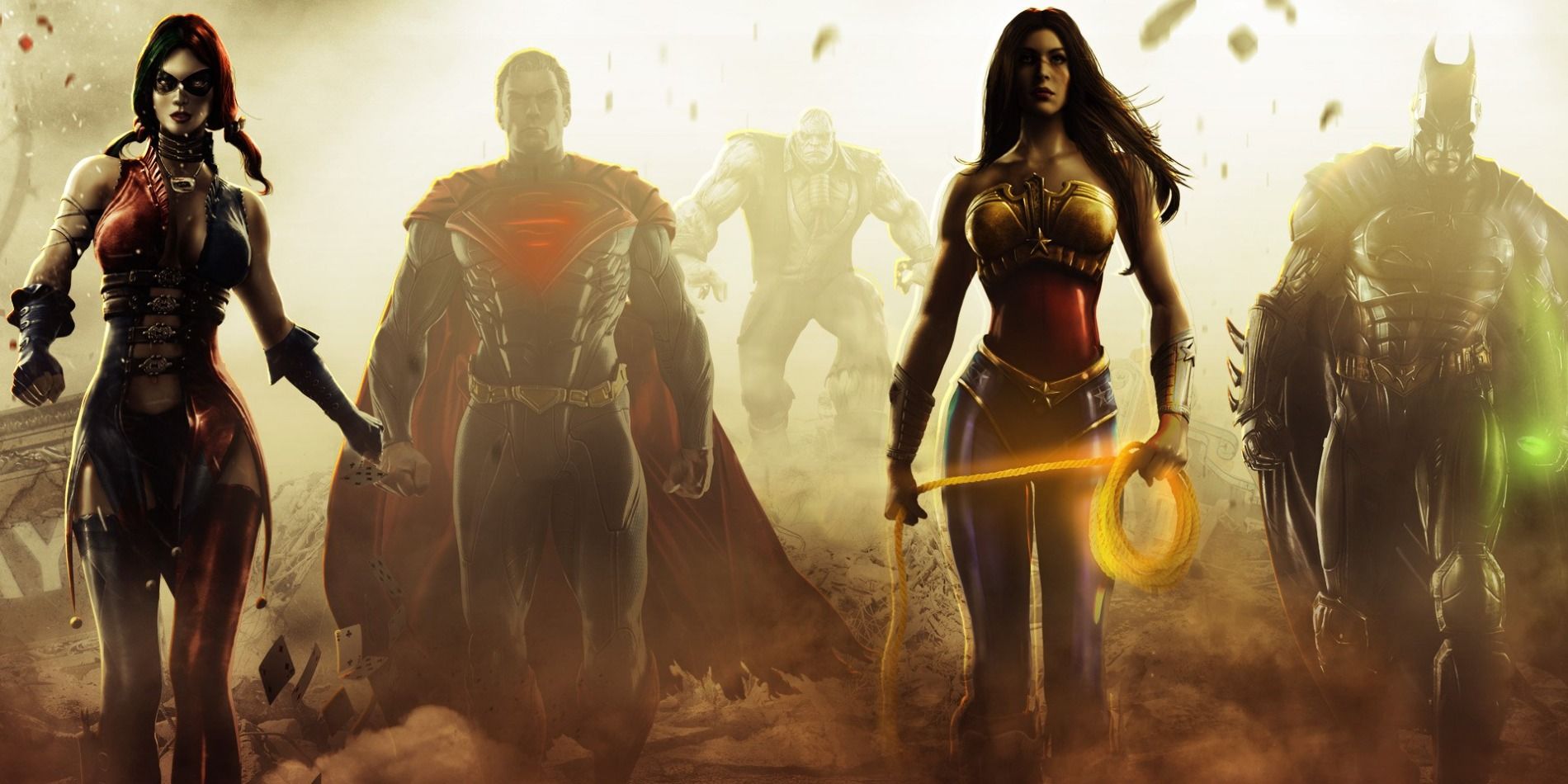Injustice art featuring Harley, Superman, Solomon Grundy, Wonder Woman, and Batman
