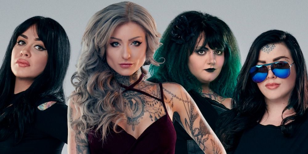 Nikki, Ryan, Kelly and Gia posing for a photo for Ink Masters: Angels