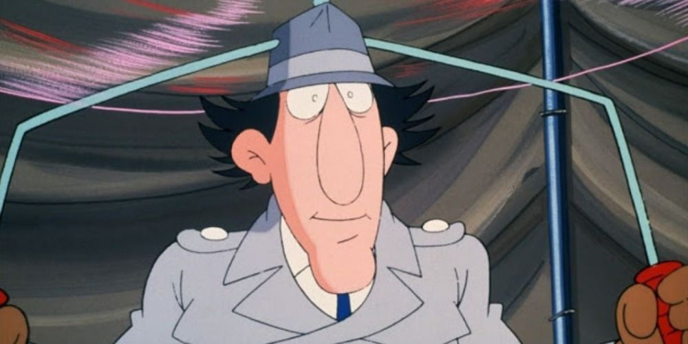 Inspector Gadget holding poles to activate his helicopter hat