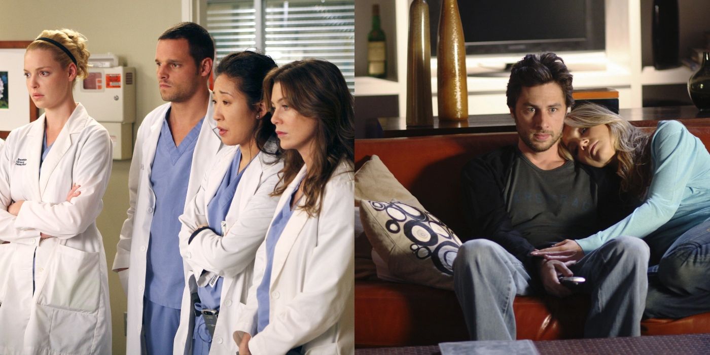 Izzie, Alex, Cristina, and Meredith standing in a patient's room on Grey's Anatomy and Elliot leaning her head on JD's shoulder sitting on a couch on Scrubs
