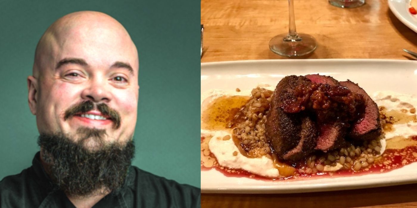 A split image of Isaac Toups and his signature dish