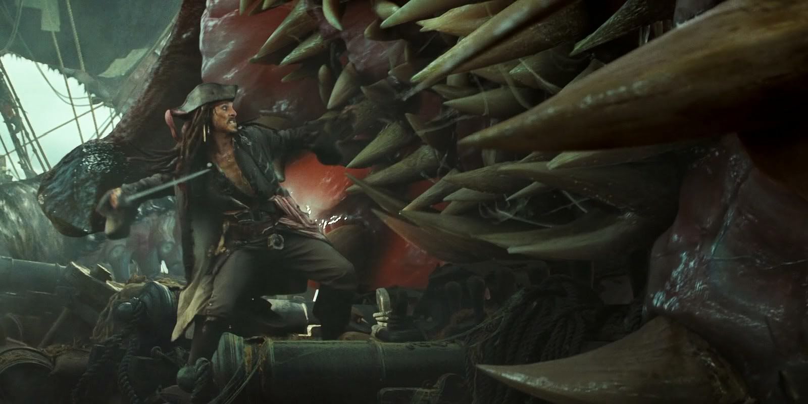 Jack Sparrow being eaten by the Kraken in Pirates Of The Caribbean Dead Man's Chest