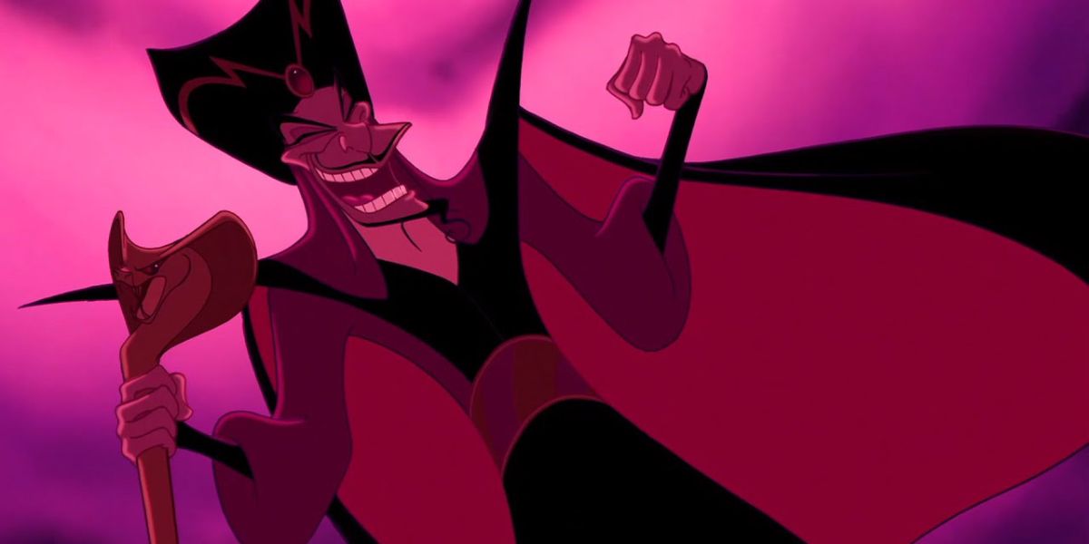 Jafar laughing with purple sky in Aladdin