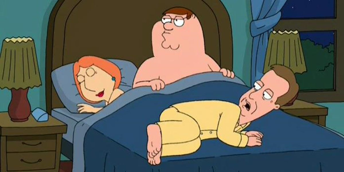 James Woods sleeping in Peter and Lois' bed in Family Guy