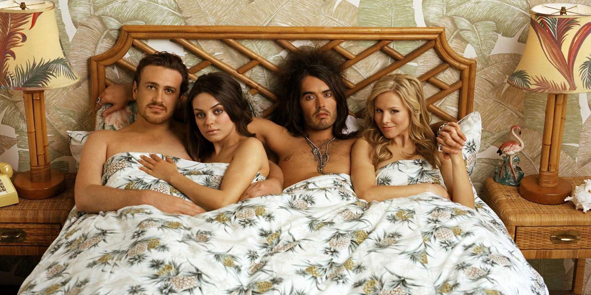 Jason Segel, Kristen Bell, Mila Kunis, Russell Brand in Forgetting Sarah Marshall lying in bed