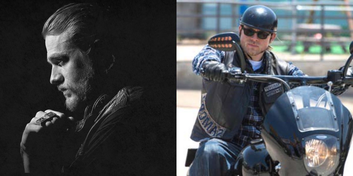 Jax's profile in black and white; Jax riding a motorcycle