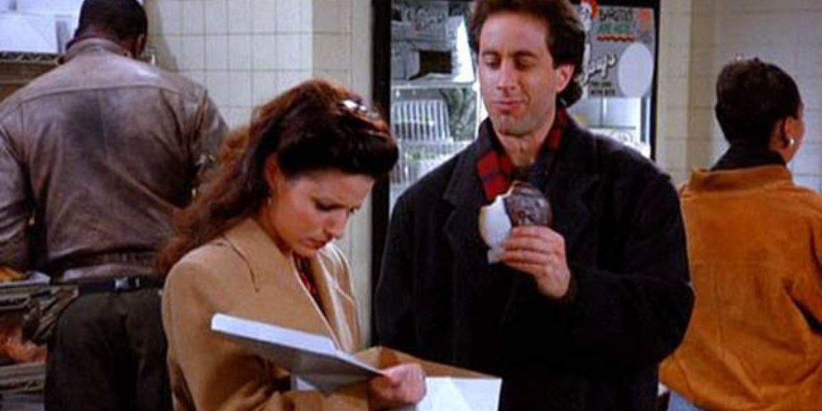 Jery and Elaine standing in a bakery on Seinfeld