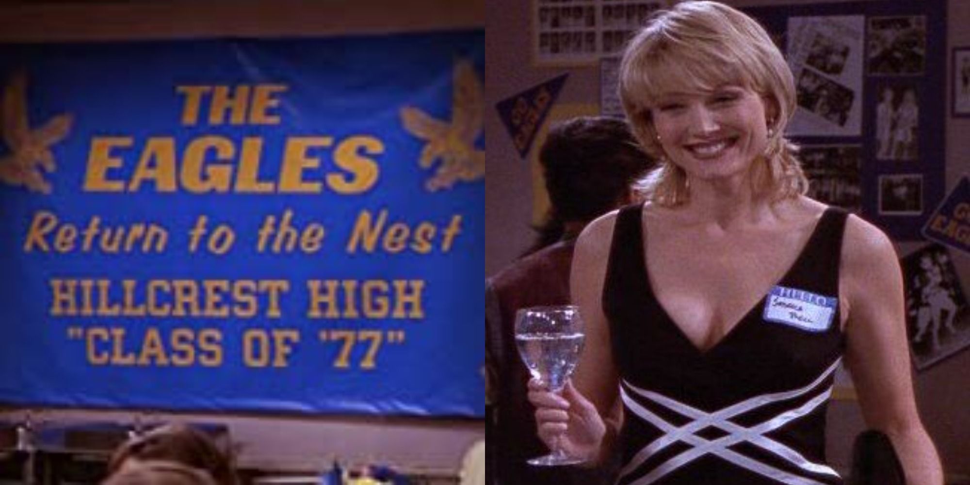 Split image showing the high school reunion banner and Jessica Bell smiling