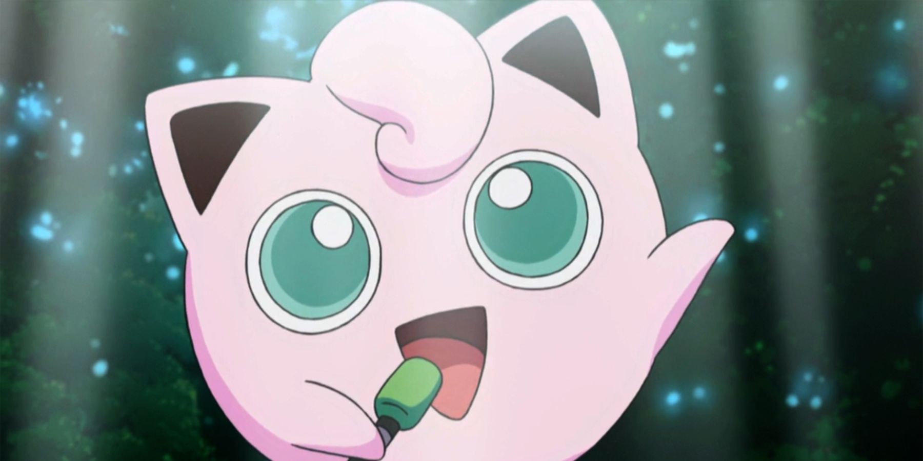Jigglypuff using a marker as a microphone and singing in the Pokémon anime