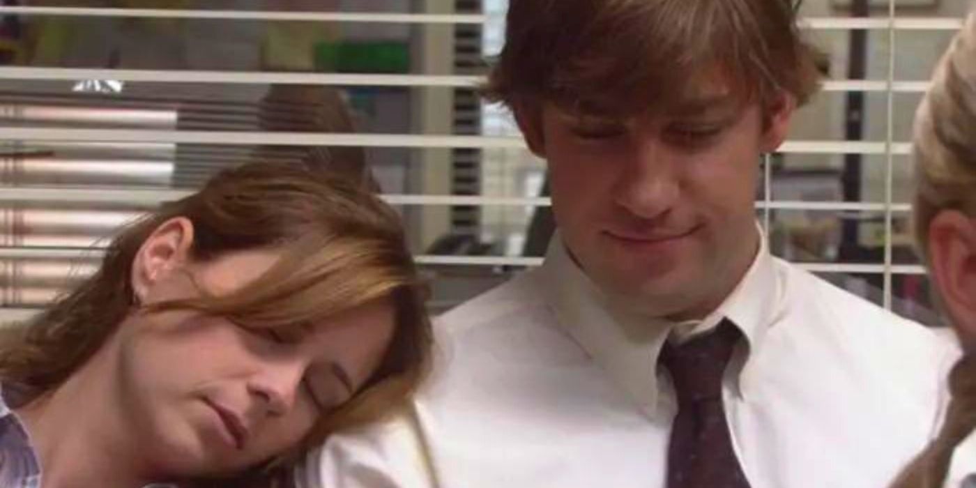 Pam sleeps on Jim's shoulder in The Office