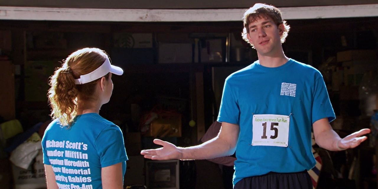 Jim and Pam walking the fun run in The Office